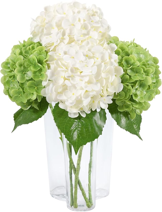 DuHouse 4Pcs Large Hydrangea Artificial Flowers,20 inch Latex Real Touch Hydrangeas for Home Wedding Bouquets Centerpieces Party Living Room Decoration(2Pcs Green+2Pcs White)