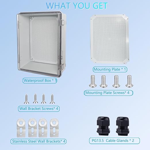 Waterproof Junction Box, ABS Plastic Electrical Box with Stainless Steel Latch, Hinged Cover Electric Project Enclosure Box with Mounting Plate, Wall Brackets,Clear 15.7"x11.8"x7.1