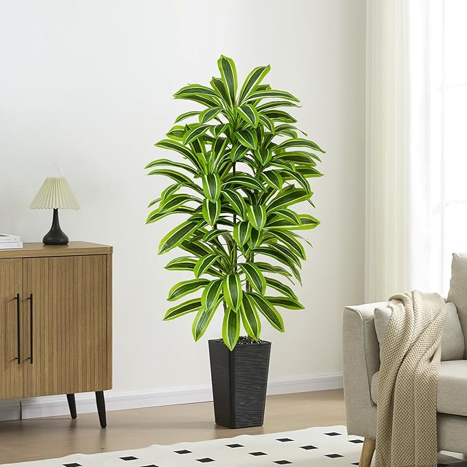 Artificial Yellow Dracaena Tree - 5FT Tall Fake Plants with Black Planter - Artificial Plants Indoor Floor Plant in Pot - Large Tropical Fake Yucca Potted Tree for Home Office Living Room Decor