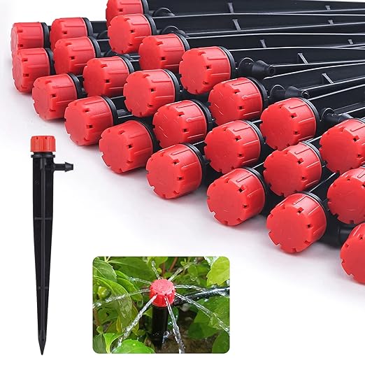 100 pcs Drip Emitters for 1/4" Drip Irrigation Tubing, Adjustable 360 Degree Water Flow Drippers for Drip Irrigation on 5" Arrow Stake for Garden Watering System Flower Plant