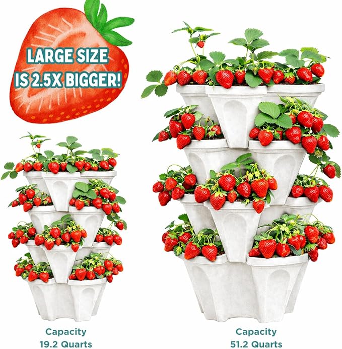 Vertical Garden Planter 4 Tier Stackable System 16 Plants, Space Saving Herb, Strawberry & Food Crop Planter with Center Support Hole for Indoor Outdoor Gardening (4, Stone, Large)