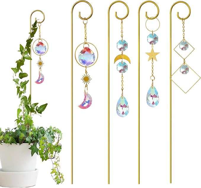 4 Pcs Small Trellis for Potted Plants Indoor with Crystal Sun Catcher Pendant, Metal Plant Stake for Mini Potted Plant Decoration for Home Window Garden