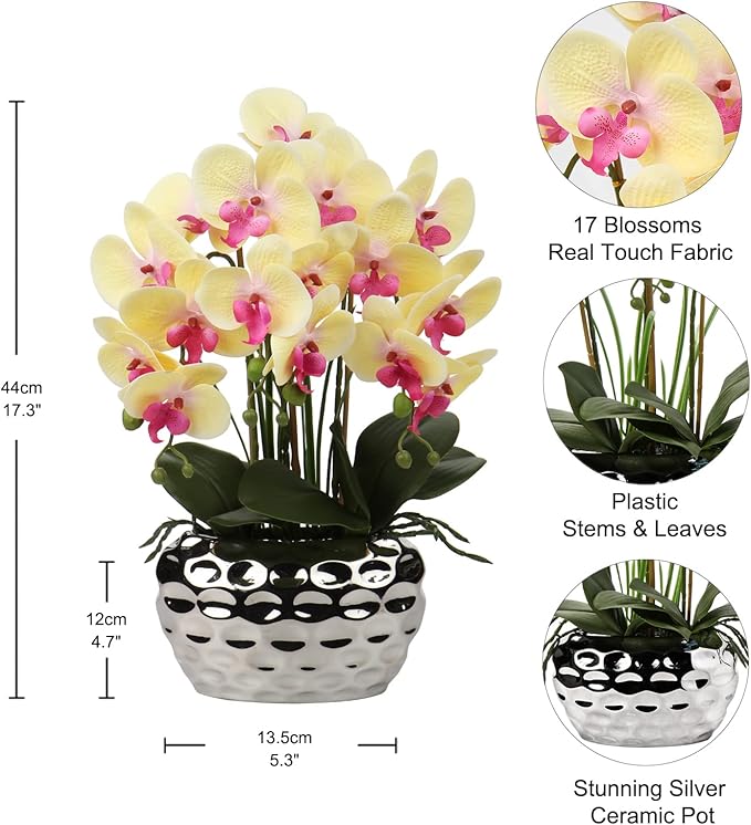 Briful Orchids Artificial Flowers 18" Orange Phalaenopsis Orchid with Silver Ceramic Pots Real Touch Faux Orchid Plant for Home Office Bathroom Living Room Wedding Decoration