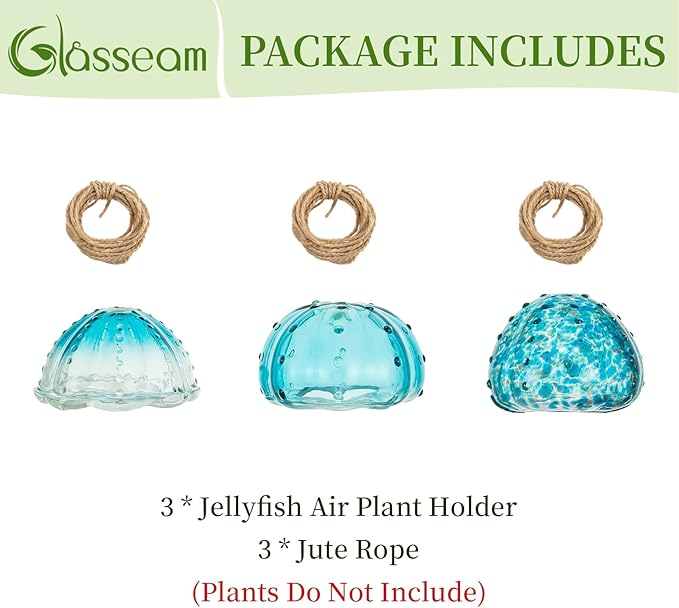 Glasseam Hanging Air Plant Holder: 3Pcs Glass Jellyfish Air Plant Hanger with Jute Ropes for Tillandsia Succulent Houseplants - Cute Airplant Display Container for Indoor Home Decor