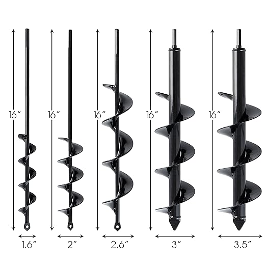 VASGOR Set of 5 Auger Drill Bit for Planting (1.6x16", 2x16", 2.6x16", 3x16", 3.5x16") - Easy Planter Garden Auger - Bulb & Bedding Plant Augers - Post Hole Digger for 3/8” Hex Drive Drill