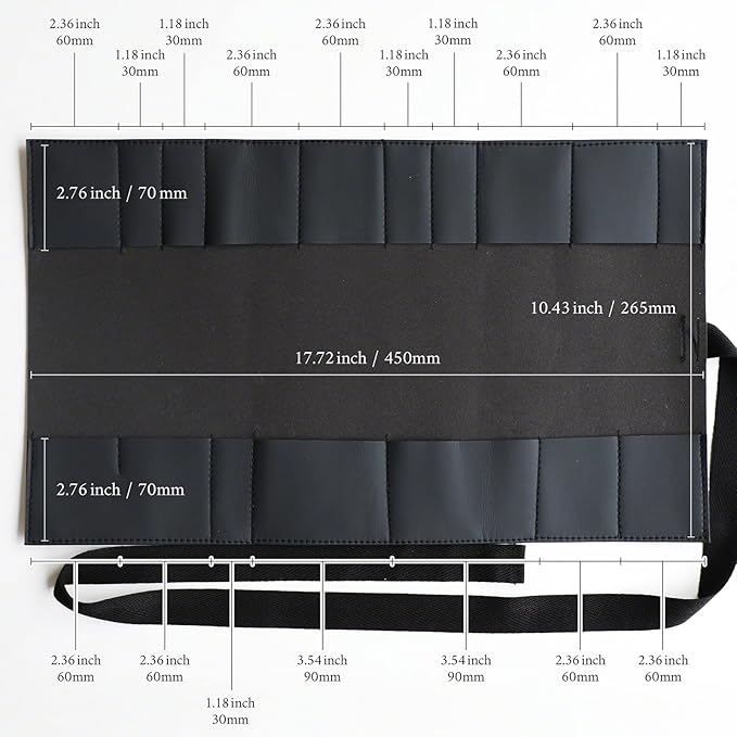 Wazakura Made in Japan Bonsai Tool Case with 16 pockets in Polyurethane Leather, Japanese Garden Tool Kit Roll Storage Bag - 16 Pockets Black PU Leather