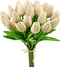Mandy's Light Brown Artificial Tulips Flowers Centerpiece, 13.5" Lifelike PU Fake Floral Stems 20pcs for Kitchen Island & Dining Table, Spring Decor for Easter