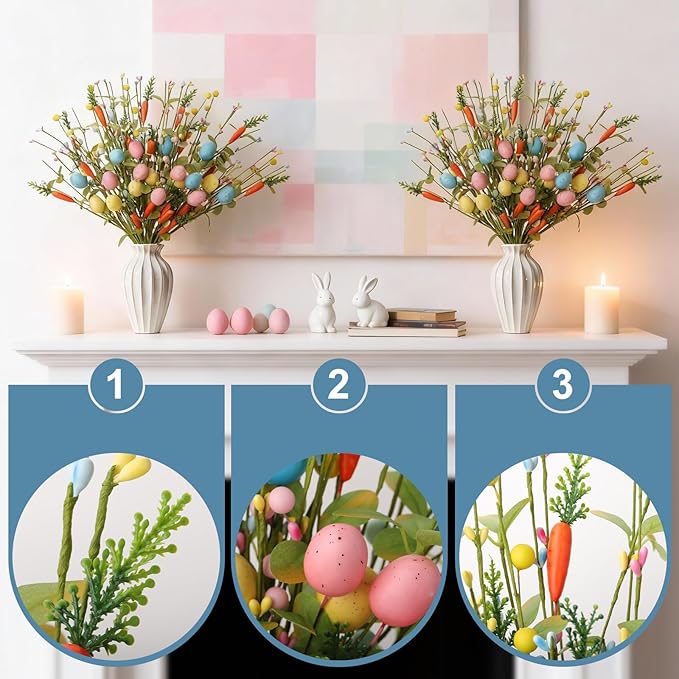 Easter Decorations 6 Pack Easter Stems 17 Inch Artificial Egg Picks with Carrots Colorful Eggs Eucalyptus Leaves for Living Room Centerpieces Home Vase Decor