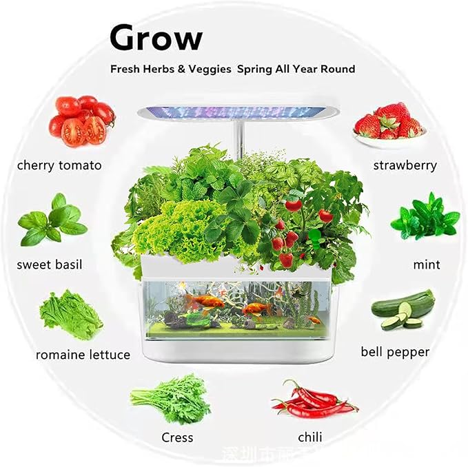 Hydroponics Growing System, 12 Pods Indoor Herb Garden with LED Grow Light, with Aquaponic Fish Tank,with Auto Timer,for Home Kitchen,Height Adjustable