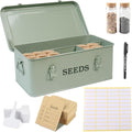 Seed Storage Organizer, 4 Compartment Seed Storage Box with Safety Lock, Metal Seed Box Seed Packet Container with 1 Pen, 12 Slots, 20 Plant Labels & 30 Seed Envelopes, Green Gardening Gift