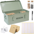 Seed Storage Organizer, 4 Compartment Seed Storage Box with Safety Lock, Metal Seed Box Seed Packet Container with 1 Pen, 12 Slots, 20 Plant Labels & 30 Seed Envelopes, Green Gardening Gift