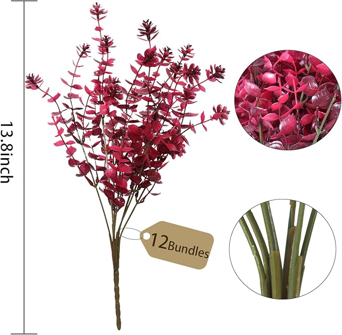 RECUTMS 12Pcs Artificial Fall Mums Flowers Plants Outdoors, Faux Plastic Shrubs Fake Greenery UV Resistant for Garden Patio Decor Window Box Office Hanging Planter Pathway Front Porch(Wine Red)