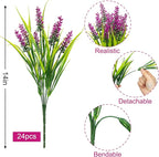 Bassion 24 Bundles Artificial Flowers for Outdoors, Fake Lavender Flowers with Monkey Grass UV Resistant Plastic Faux Plants for Outside Hanging Planter Window Box Garden Patio Front Porch Home Decor