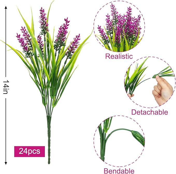 Bassion 24 Bundles Artificial Flowers for Outdoors, Fake Lavender Flowers with Monkey Grass UV Resistant Plastic Faux Plants for Outside Hanging Planter Window Box Garden Patio Front Porch Home Decor