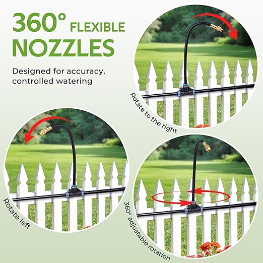 HIRALIY 360° Adjustable Drip Irrigation System 100FT, 1/4" Tubing with Adjustable Copper Nozzles, Automatic Atomizing Watering Kit for Garden, Yard, Lawn, Greenhouse & Potted Plants