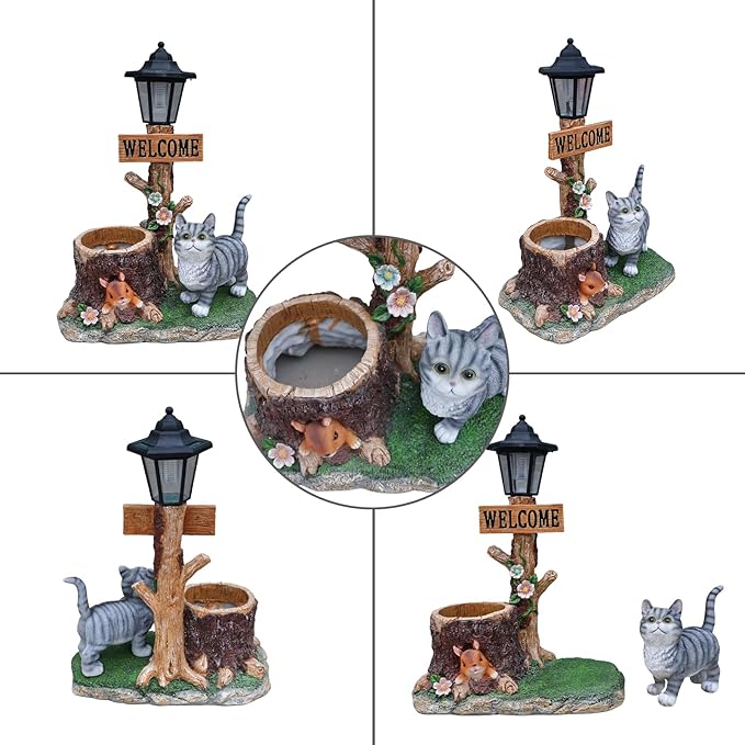 Animal Outdoor Statue Planter Solar Light Welcome Garden Sculpture Resin Flower Pot Decorative Porch Patio Yard Lawn Entryway Figurine with LED Lamp Rustic Plant Holder Ornament Courtyard (C)