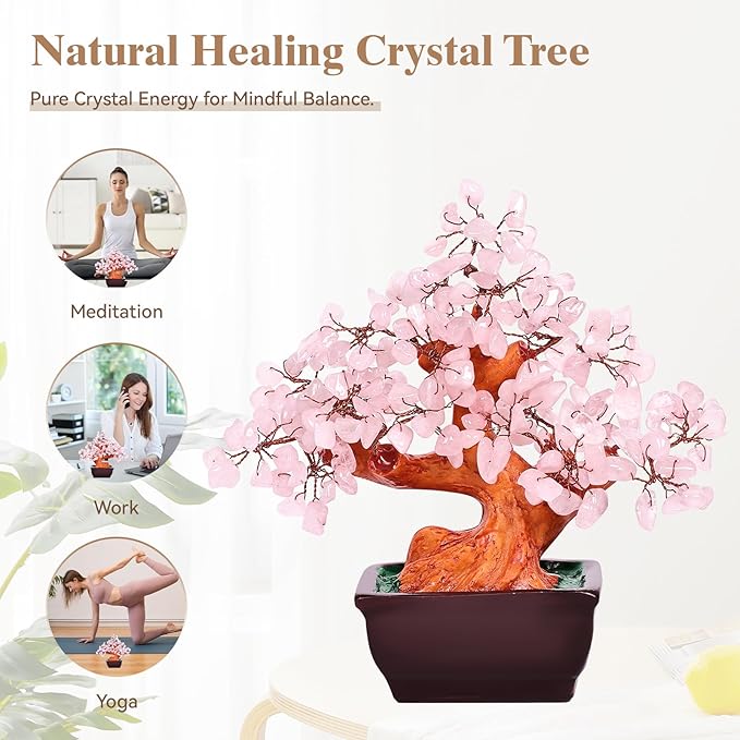 Feng Shui Natural Rose Pink Quartz Crystal Money Tree Bonsai Style Decoration for Wealth and Luck (Pink)