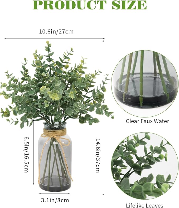 Coferset Eucalyptus Stems in Glass Vase with Faux Water, 14" Eucalyptus Fake Plants Faux Greenery Plants Decorations for Home Bathroom Office Farmhouse Shelf Coffee Table Centerpiece (Gray Vase)