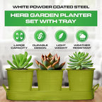 Plexon Herb Planter Indoor Garden Set of 3 with Tray, Metal Herb Pots for Indoor Plants, Round Kitchen Garden Kit Ideal for Windowsill Planter or Countertop, Green Powder Coated