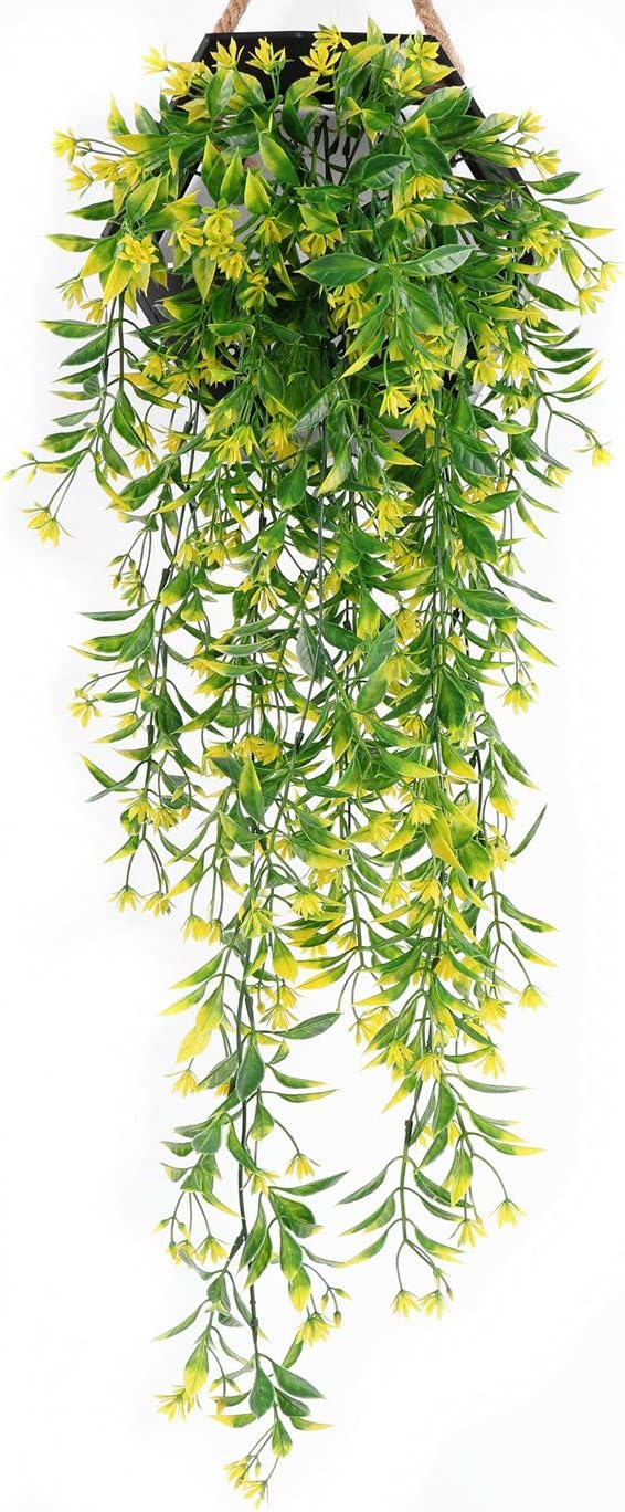 PASYOU Artificial Hanging Ivy, Vine Plastic Plants Grass Leaves Foliage Vines, UV Resistant Greenery Fake Flowers for Home Indoor Outdoor Garden Door Wall Wedding Party DIY Decoration - Yellow 4 Pack