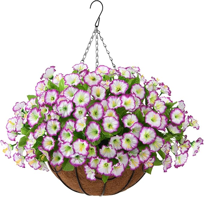 Homsunny Artificial Hanging Flowers in Basket,12 inch Silk Flower Coconut Lining Hanging Baskets,Fake Hanging Plants in for Outdoors Courtyard Decor(Light Purple)