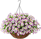 Homsunny Artificial Hanging Flowers in Basket,12 inch Silk Flower Coconut Lining Hanging Baskets,Fake Hanging Plants in for Outdoors Courtyard Decor(Light Purple)