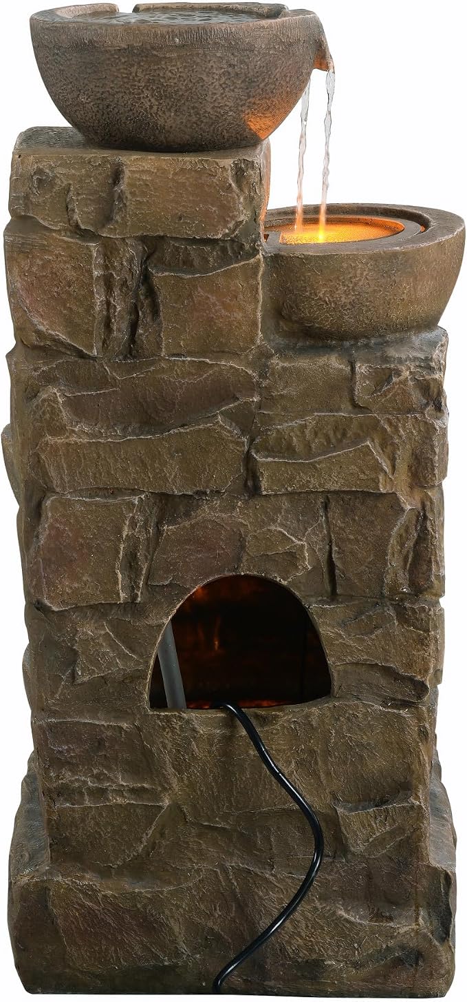 Teamson Home 33.27" Cascading Bowls & Stacked Stones LED Water Fountain for Outdoor Living Spaces, Brown
