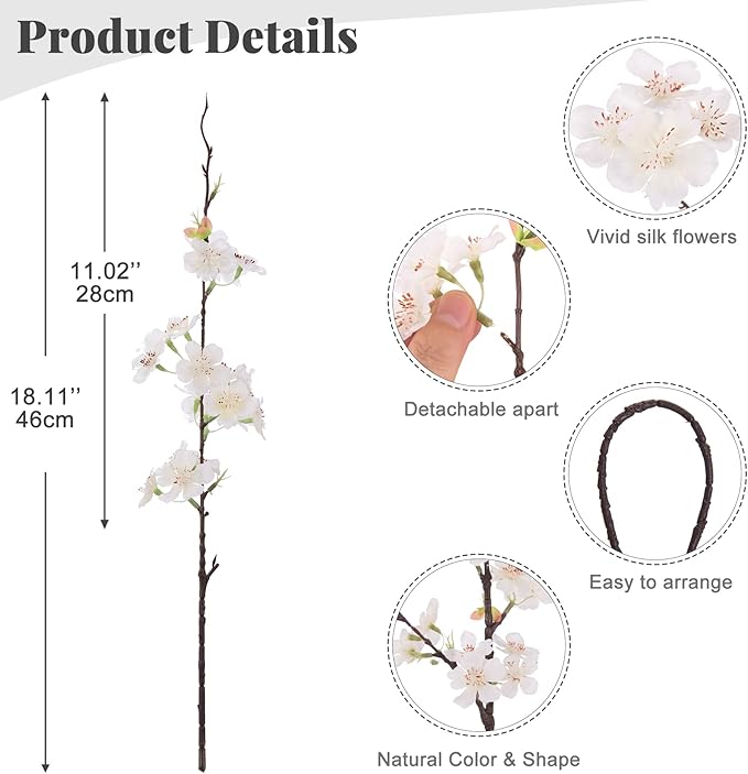 INXUGAO 12 PCS Faux Cherry Blossom Branches Decor 18.11 Inch Fake Artificial Cherry Flowers for Home Indoor Decoration Vase Arrangement Table Living Room Bedroom Spring Decor