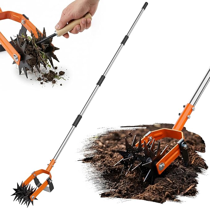 Rotary Cultivator Garden Tool, 2-in-1 Weeder & Soil Aerator with Detachable Weed Knife,73" Adjustable Stainless Handle, Dual-Function Rotary Tiller for Lawn Care, Reseed Grass, Soil Mixing