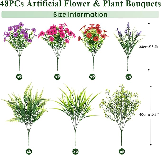 Alupssuc 48 Bundles Artificial Flowers for Outdoors Planters Spring Decoration, UV Resistant Faux Eucalyptus Violet and Lavender Silk Fake Plants for Outside Indoor Yard Home Patio Decor, Mix 3 Colors