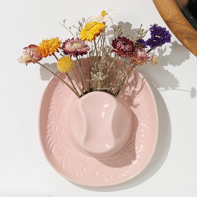 Hanging Wall Planters for Indoor Plants, Wall Vases for Flowers, Ceramic Cowboy Hat Vases for Decor, for Bathroom, Living Room, Office, and Home Decor.Light Pink