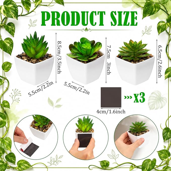 3 Pcs Magnetic Plants Classroom Decor Artificial Potted Potted Greenery Mini Fake Plants with Magnets Back to School Teacher Appreciation Gift for Whiteboard Blackboard Home Office(Succulent)