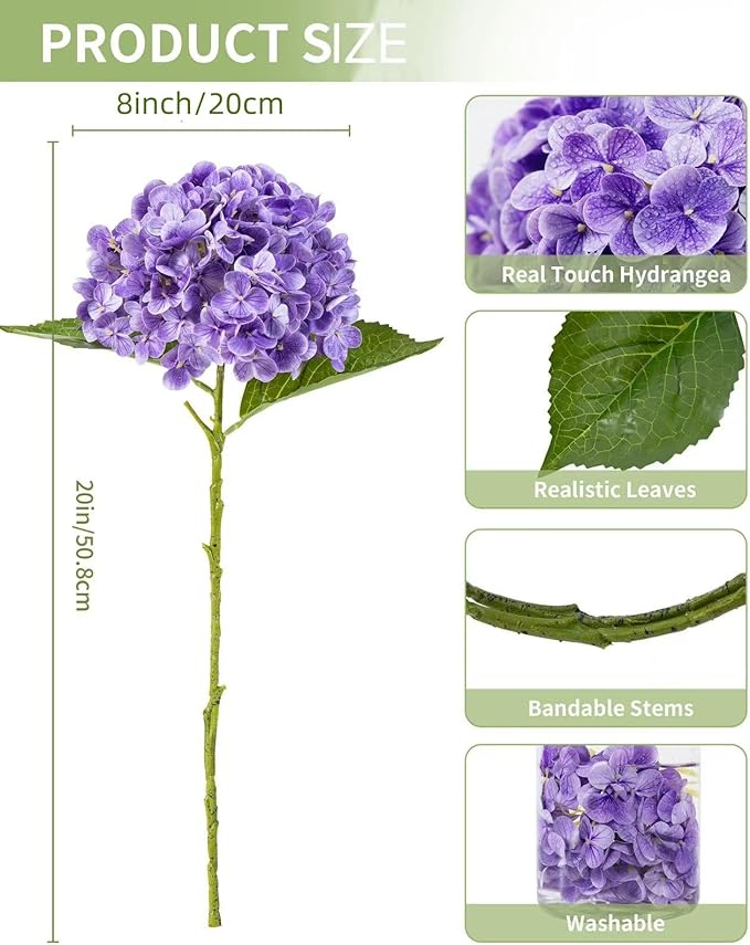 DuHouse 3Pcs Hydrangea Artificial Flowers,Latex Real Touch Hydrangeas with Long Stems & Leaves for Home Decor Party Floral Arrangements Wedding Bouquets Centerpieces(Purple)