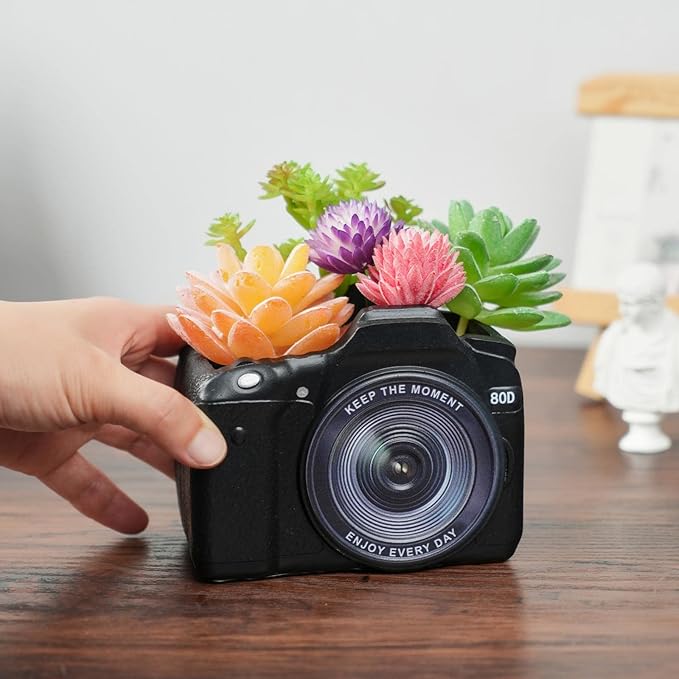 Camera Decorative Planter Plant Gift - Desk Decor Succulent Pot for Indoor Plants Camera Home Shelf Office Decor Small Flower Pot with Drainage
