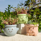 Cute Face Planter Pot, Small Resin Head Planters for Indoor Plants, Funny Smiling Face Flower Pot Succulent Planter with Drainage Hole, Gift IdeaI for Birthday Christmas (Blue)