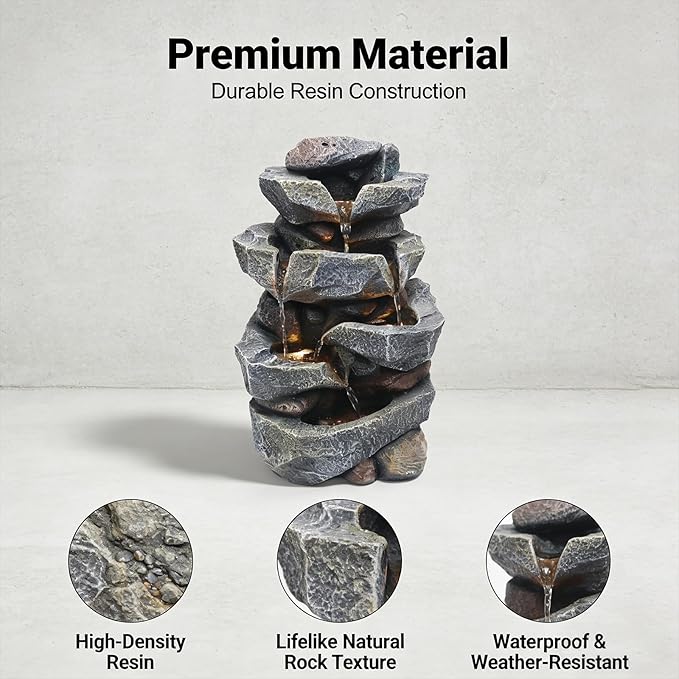TOLATR 4-Tier Natural Rock Tabletop Waterfall Fountain - Indoor Outdoor Resin Water Fountain with LED Lights, 11.42" L x 8.27" W x 18.31" H for Garden, Patio, Home, Office, Porch Landscaping