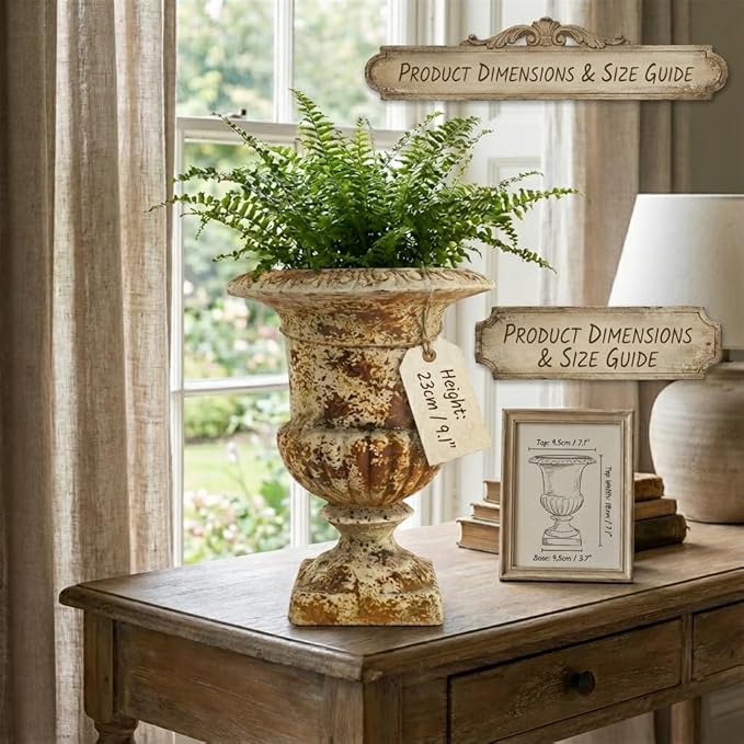9 Inch Small Retro Urn Planter - Vintage Distressed Tabletop Flower Pot for Indoor Plants, Office Desk, Living Room Shelf & Patio Decor