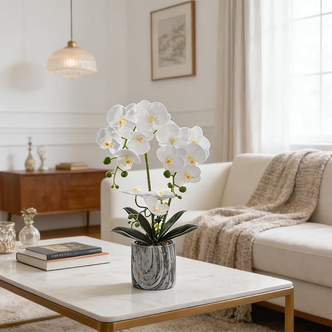White 16.5'' Fake Orchids Flowers in Pot Bendable Faux Orchids Artificial Flowers Washable Silk Orchid Phalaenopsis Decor for Home Wedding Table Centerpiece Bathroom Office