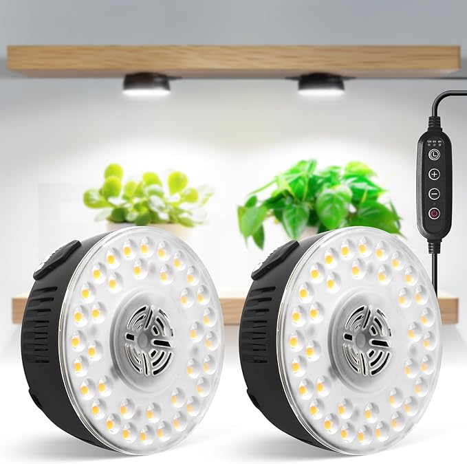 Barrina Orbgrow OG09 Puck Grow Light, 5000K 18W(2 x 9W, 270 Watt Equiv), Full Spectrum Plant Light for Indoor Plants, Magnetic & Linkable with Timer, 5 Levels Dimmable for Plant Shelf, 2 Packs, Black