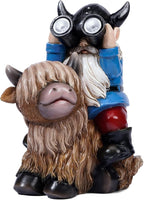 Joint Honglin Garden Gnome Statues Resin Gnome Sitting on Highland Cow Solar LED Lights Outdoor Telescope Gnome Decorations