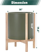 D'vine Dev Planter Pot with Stand - 14 Inch Plastic Cylinder Flower Pot with Wood Planter Holder for Indoor, Olive Pot + Natural Stand, 55-C-S-3