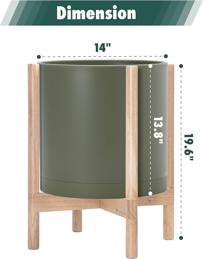D'vine Dev Planter Pot with Stand - 14 Inch Plastic Cylinder Flower Pot with Wood Planter Holder for Indoor, Olive Pot + Natural Stand, 55-C-S-3