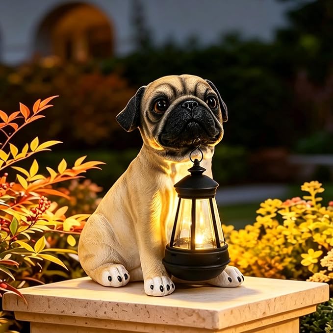Garden Dog Statues Outdoor Decor, Solar Lights Outdoor Pug Figurines Solar Dog Ornaments for Patio, Lawn, Yard Art Decoration, Housewarming Garden Gifts for Mom