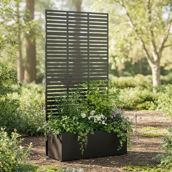 QINPTWUT Louver Edition Privacy Screen Planter Box with Trellis, Metal Raised Garden Bed for Climbing Plants, Outdoor Pattern Divider for Patio Balcony Backyard, 27 Gallon Capacity, Easy Assembly