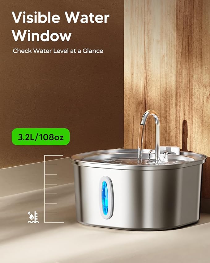 PEKTACO Stainless Steel Cat Water Fountain, 3.2L/108oz Cat Water Dispenser with Quiet Water Pump, Dishwasher Safe Pet Drinking Fountain for Cats with 3 Filters + 3 Sponges