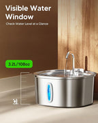PEKTACO Stainless Steel Cat Water Fountain, 3.2L/108oz Cat Water Dispenser with Quiet Water Pump and Water-Level Window, Dishwasher Safe Pet Drinking Fountain for Cats with 6 Filters + 6 Sponges