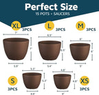 Brown Plant Pots with Drainage Holes & Saucers 15 Pack, Indoor & Outdoor Stackable Space-Saving Planters for Houseplants & Flowers, (7", 6.7", 6", 5.3", and 4.8" Inches), Durable & Weatherproof