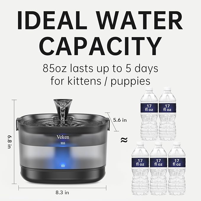 Veken Cat Water Fountain with Detachable Tank & Secure Clips, 6 Filters & Sponges, Easy to Clean & Assemble, 85oz/2.5L Quiet Pet Drinking Dispenser with LED Light for Cats, Dogs and Small Pets, Black