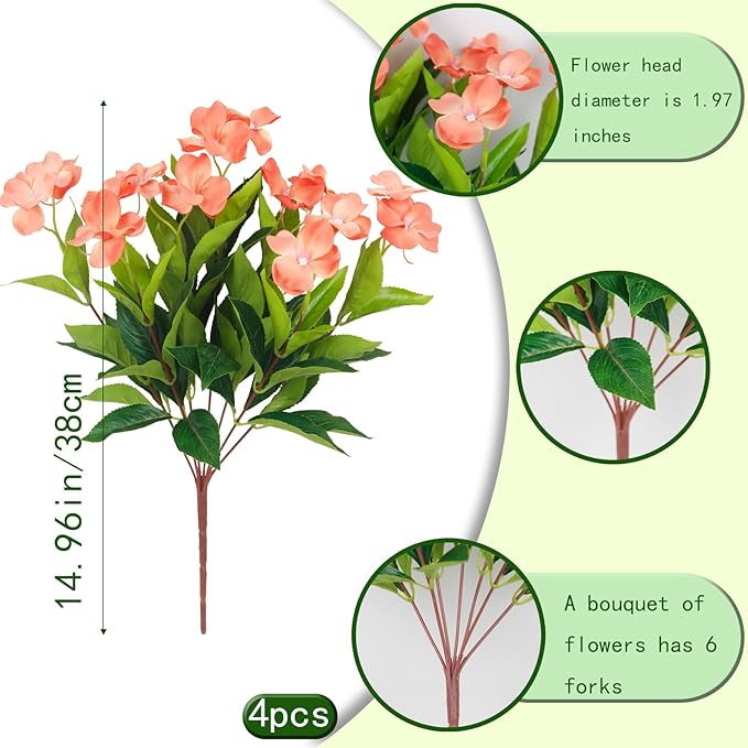 CITYES 4 Pcs Artificial Flowers Outdoor Impatiens UV Resistant Fake Silk Impatiens Flowers Orange Faux Flowers Impatiens Bushes Artificial Impatiens for Outdoor Planter Pot Hanging Basket Porch Decor