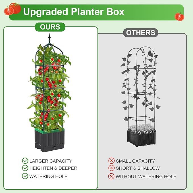 Raised Garden Bed Planter Boxes with Trellis,1pcs 70.9" Self-Watering Tomato Planter Boxes with Trellis for Climbing Vegetables Plants Flowers Tomato,Use for Indoor Outdoor (Black)